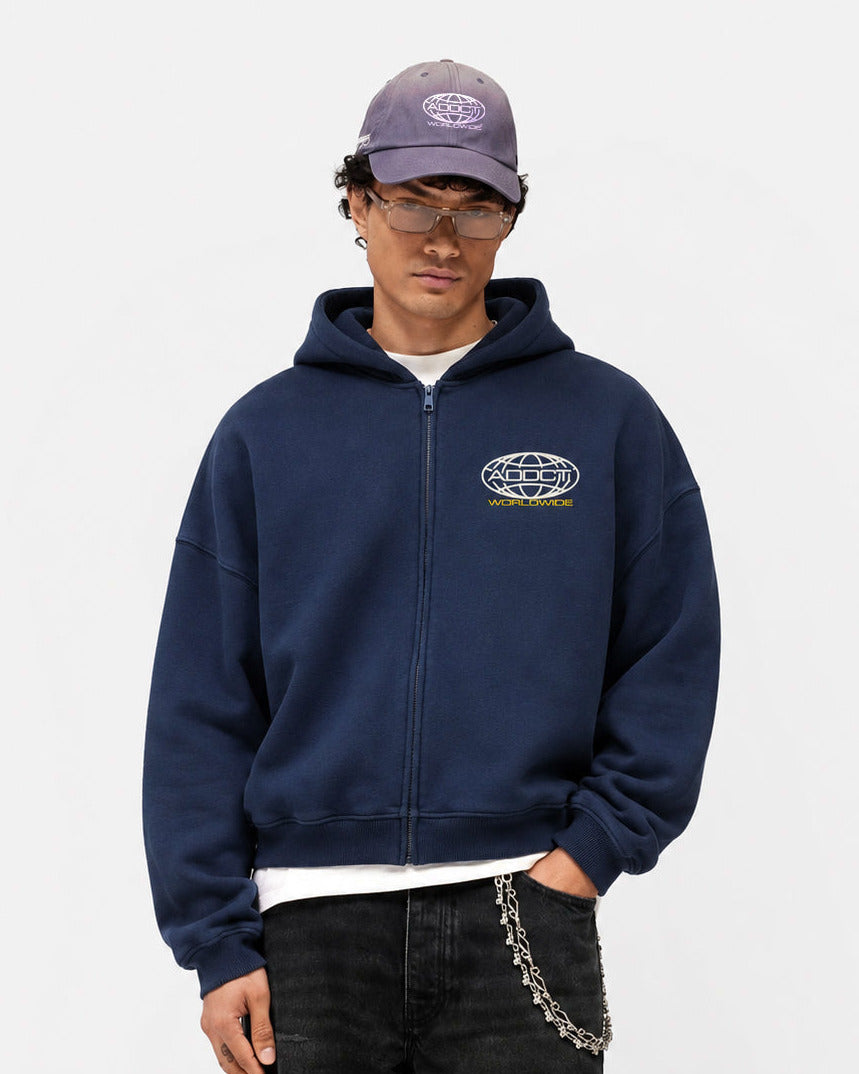 Navy Worldwide Zip Up Hoodie