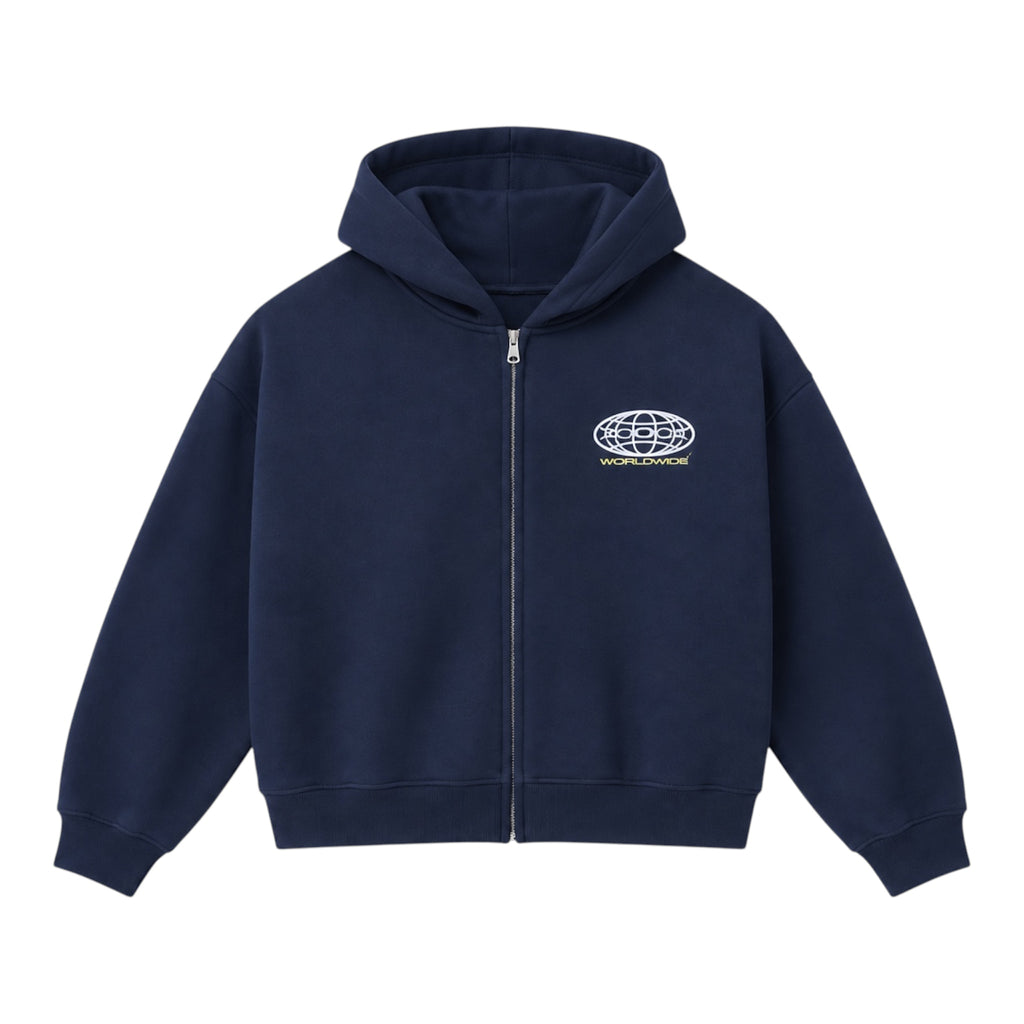 Navy Worldwide Zip Up Hoodie