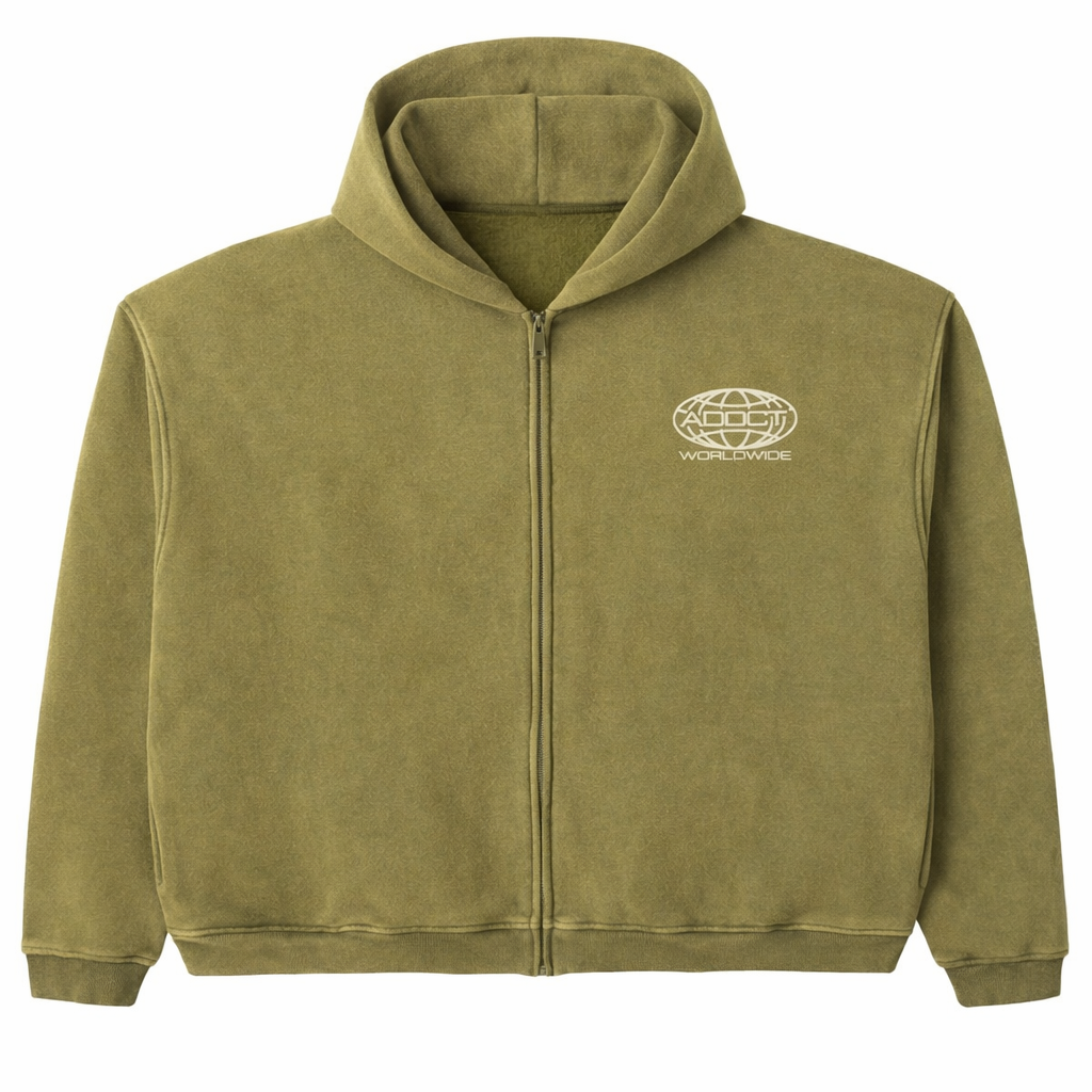 Olive Washed Worldwide Zip Up Hoodie
