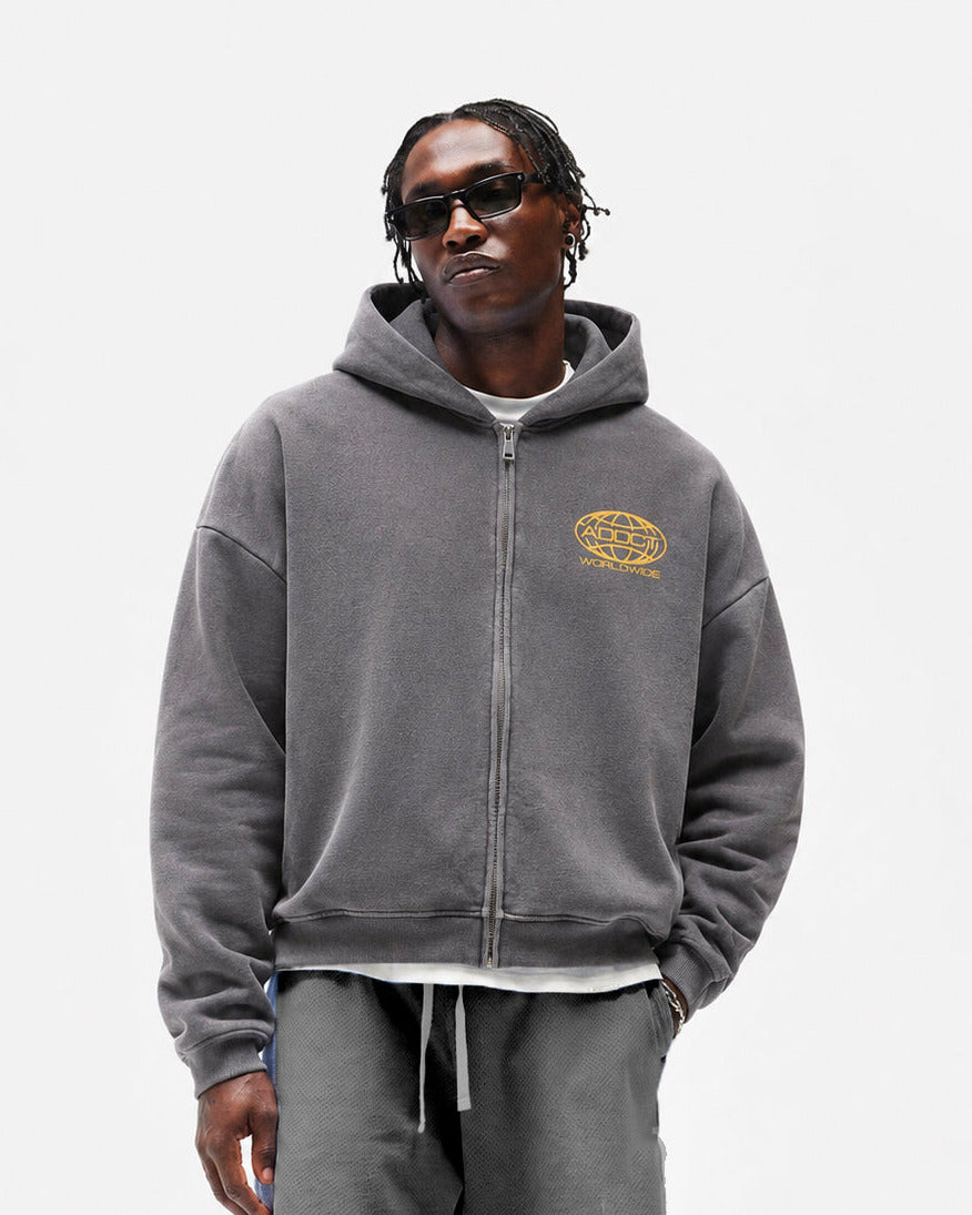 Black Washed Worldwide Zip Up Hoodie
