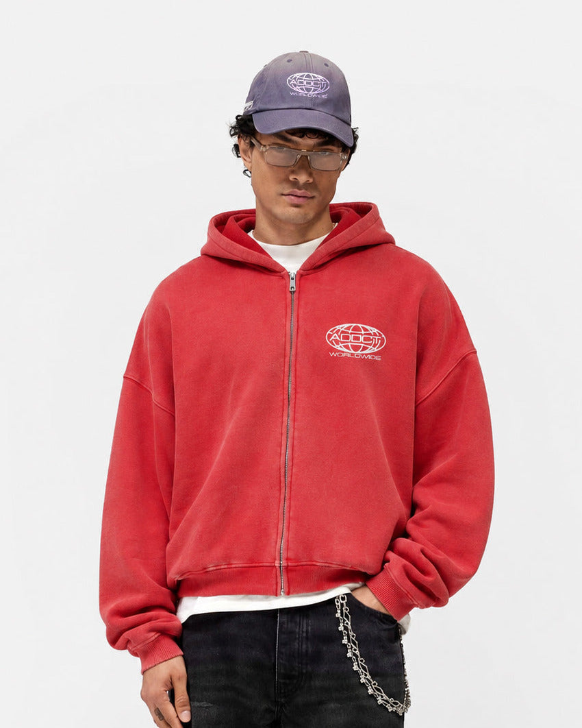 Red Washed Worldwide Zip Up Hoodie