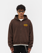 Brown Washed Worldwide Zip Up Hoodie