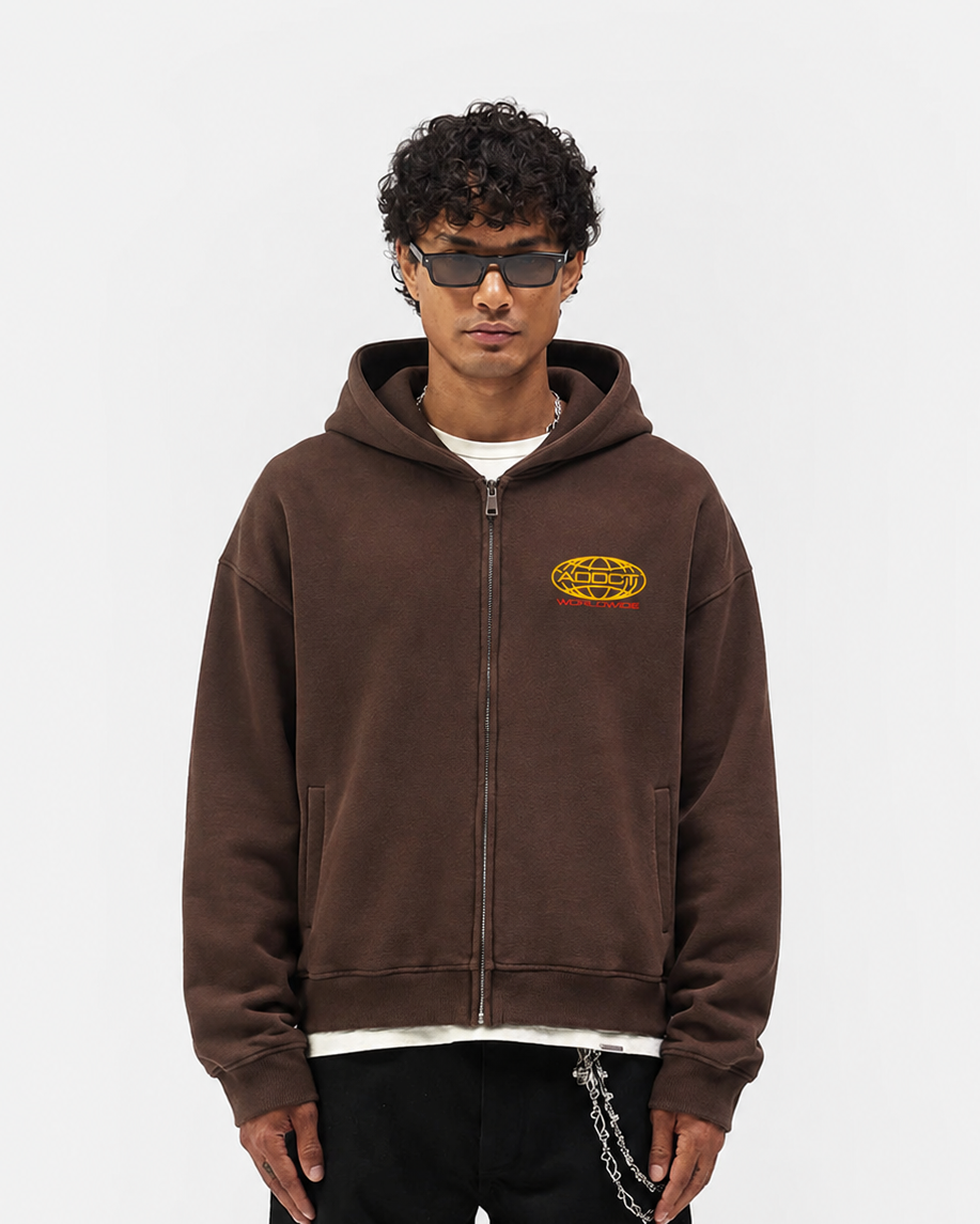 Brown Washed Worldwide Zip Up Hoodie