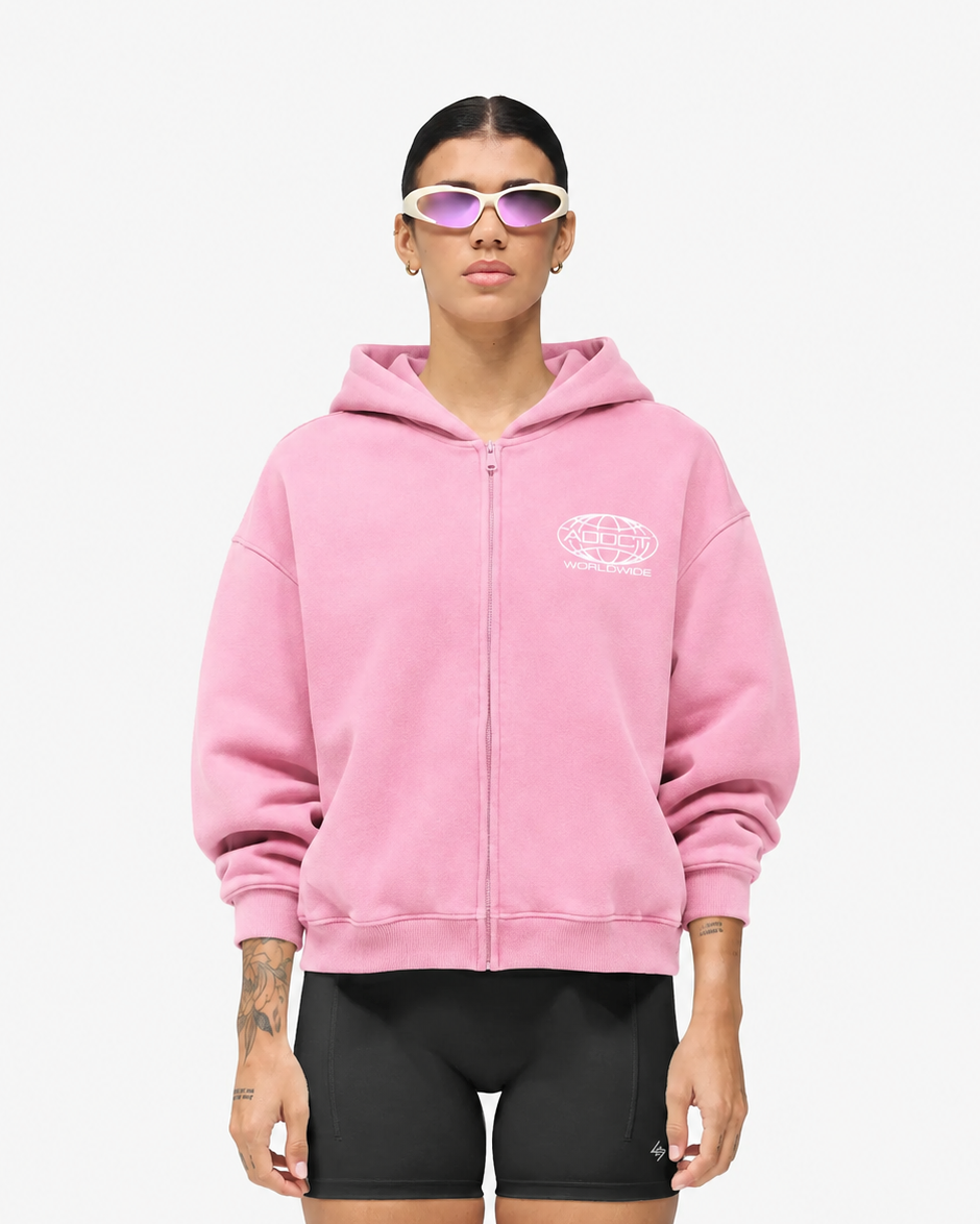 Pink Washed Worldwide Zip Up Hoodie
