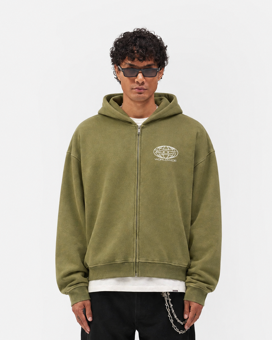 Olive Washed Worldwide Zip Up Hoodie