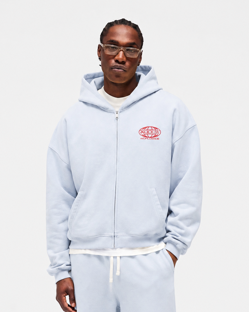 Light Blue Washed Worldwide Zip Up Hoodie