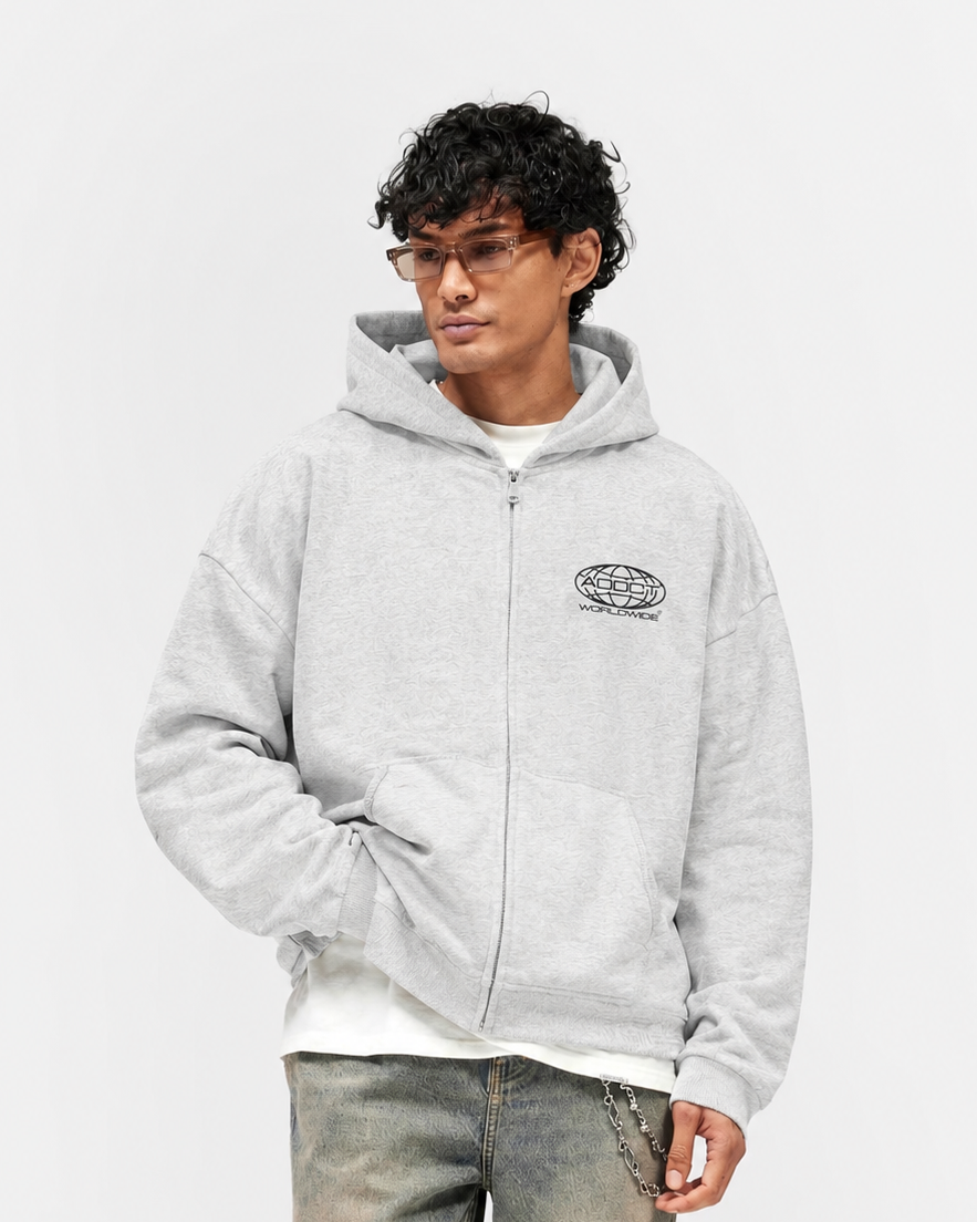 Grey Washed Worldwide Zip Up Hoodie