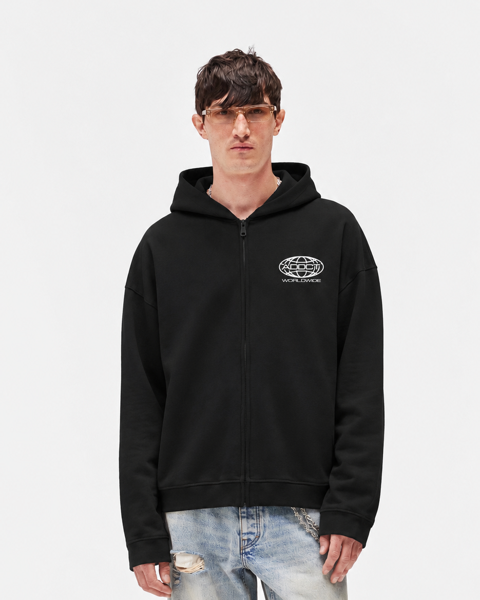 Black Worldwide Zip Up Hoodie