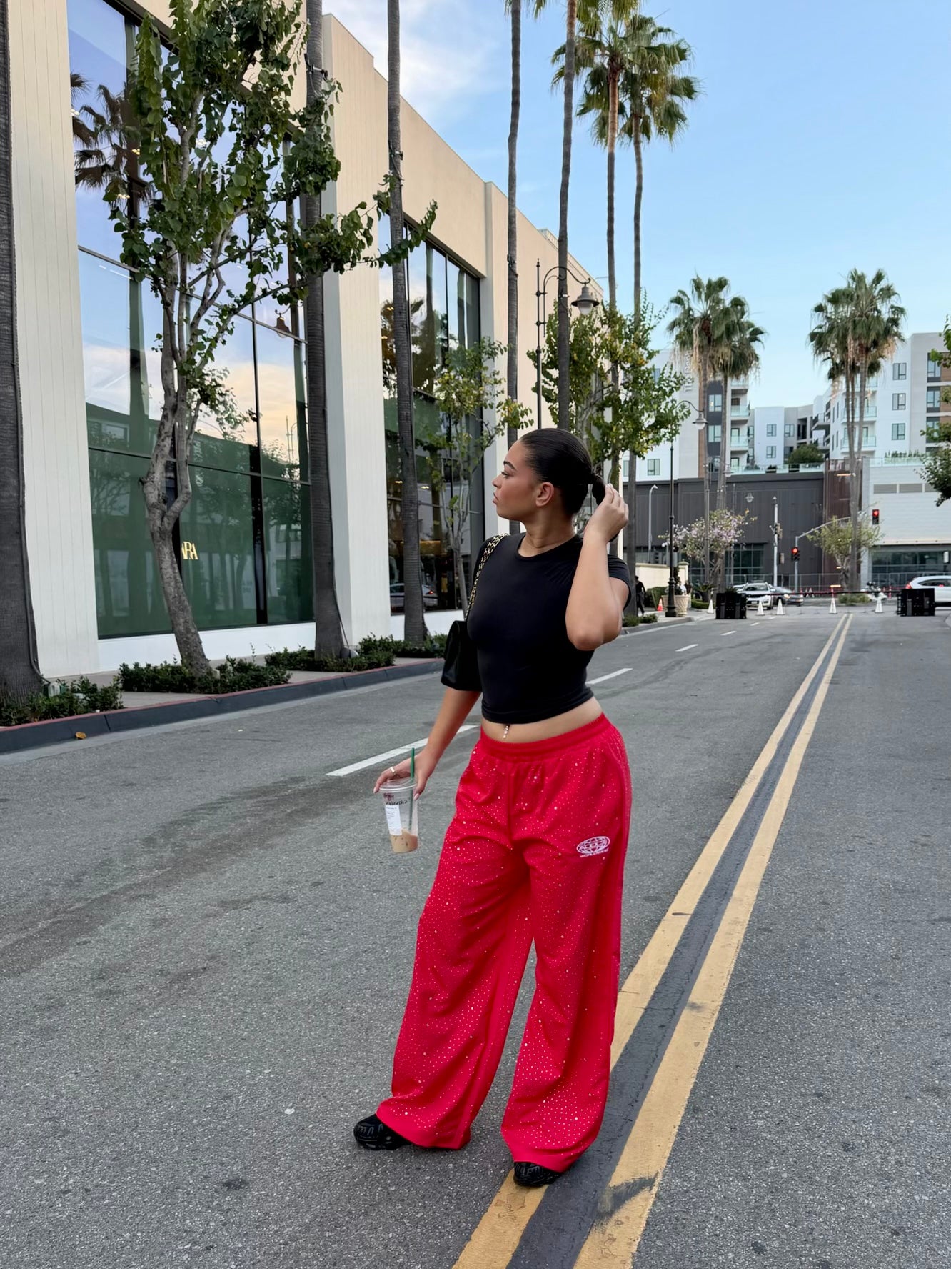 Red Rhinestone Worldwide Sweatpants