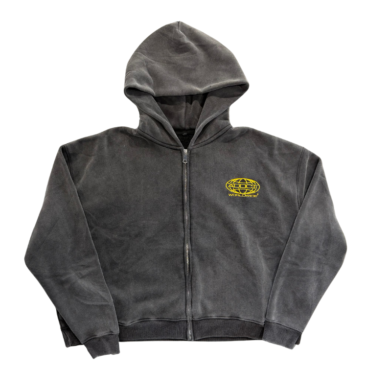Black Washed Worldwide Zip Up Hoodie