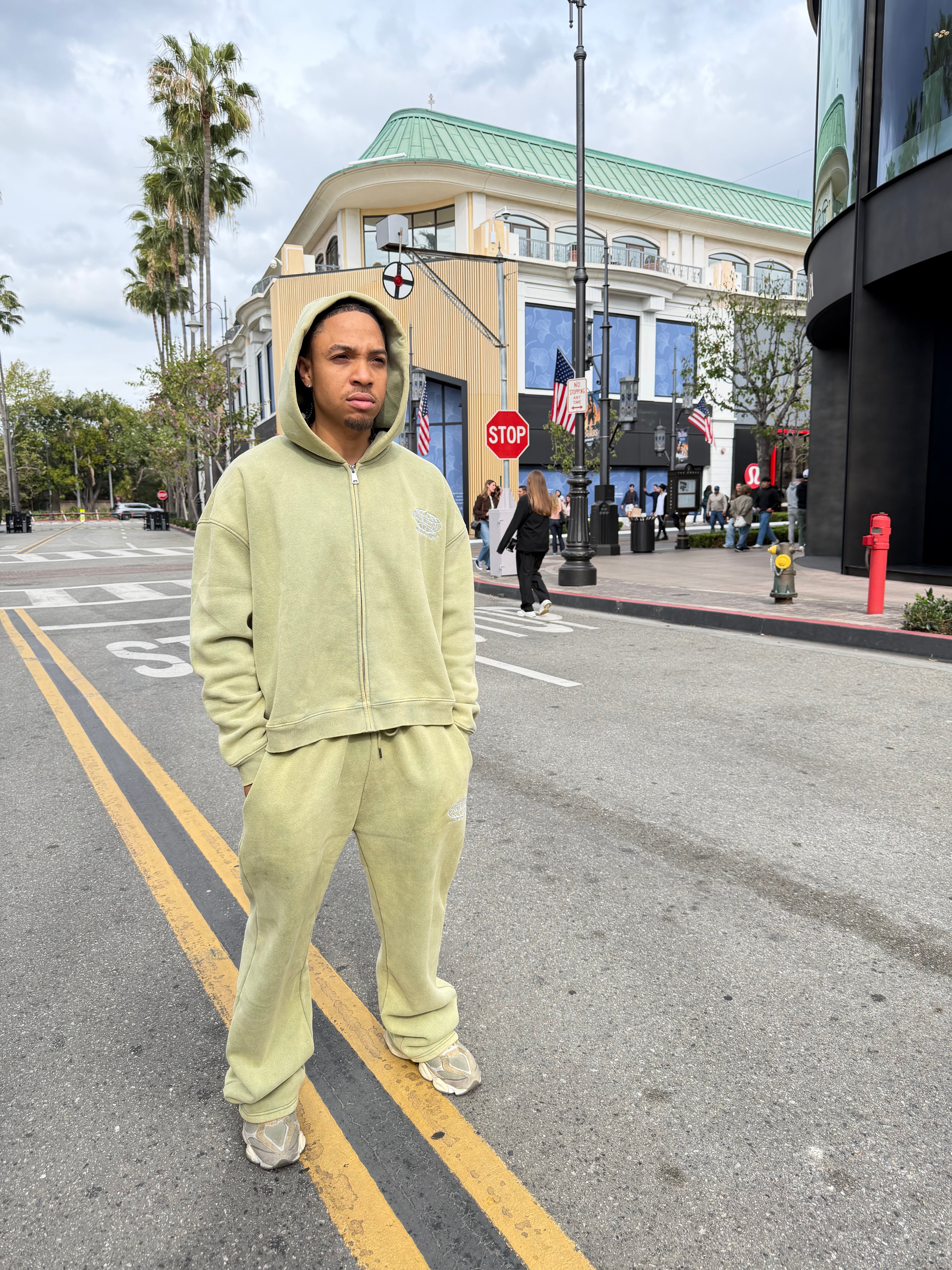 Olive Washed Worldwide Zip Up Hoodie