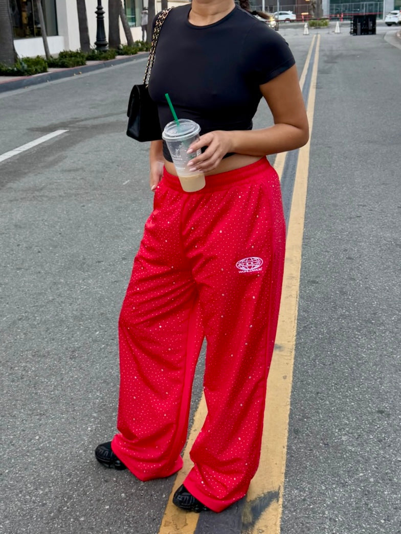 Red Rhinestone Worldwide Sweatpants