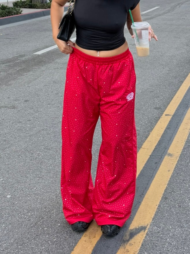 Red Rhinestone Worldwide Sweatpants