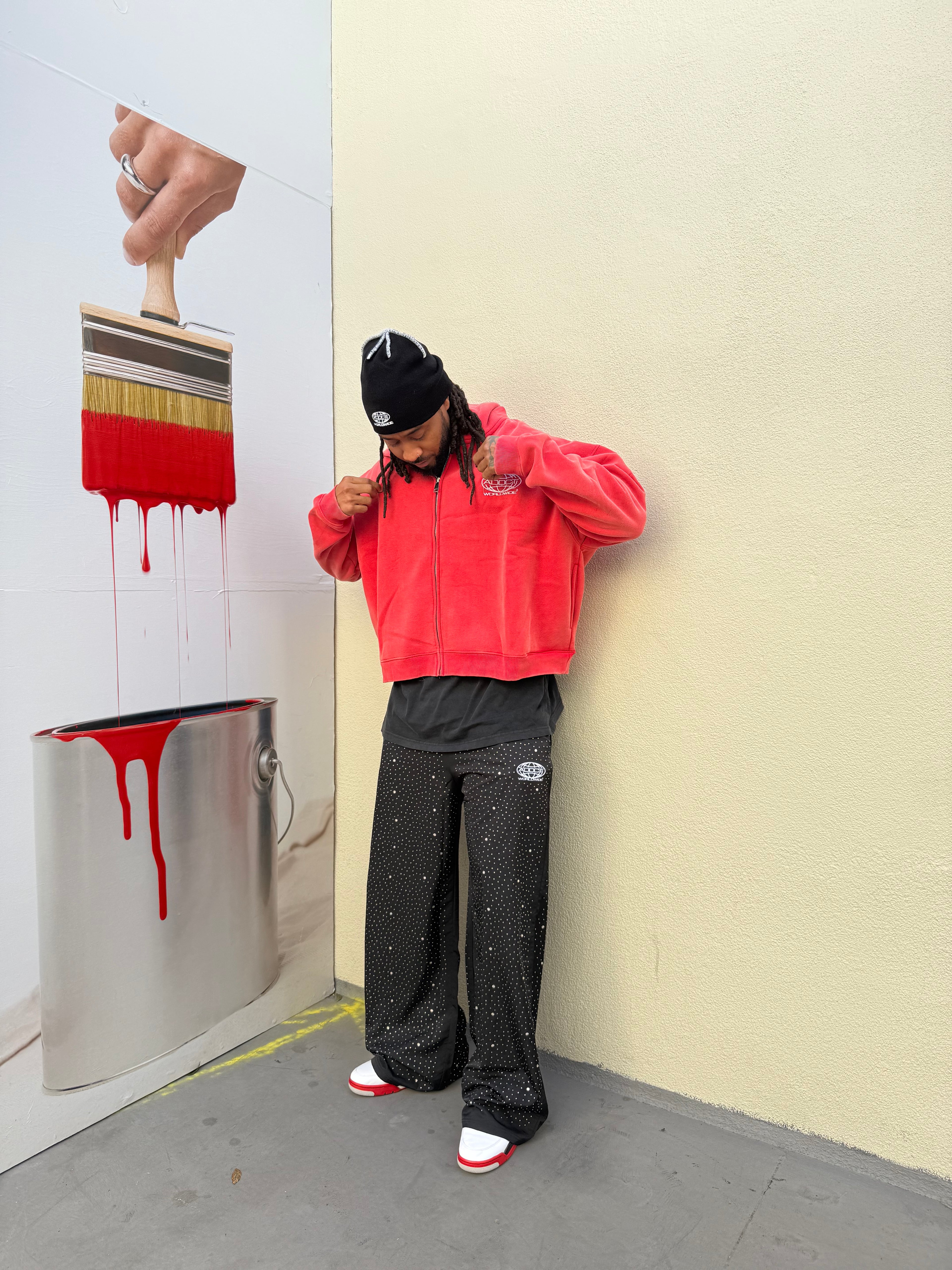 Red Washed Worldwide Zip Up Hoodie