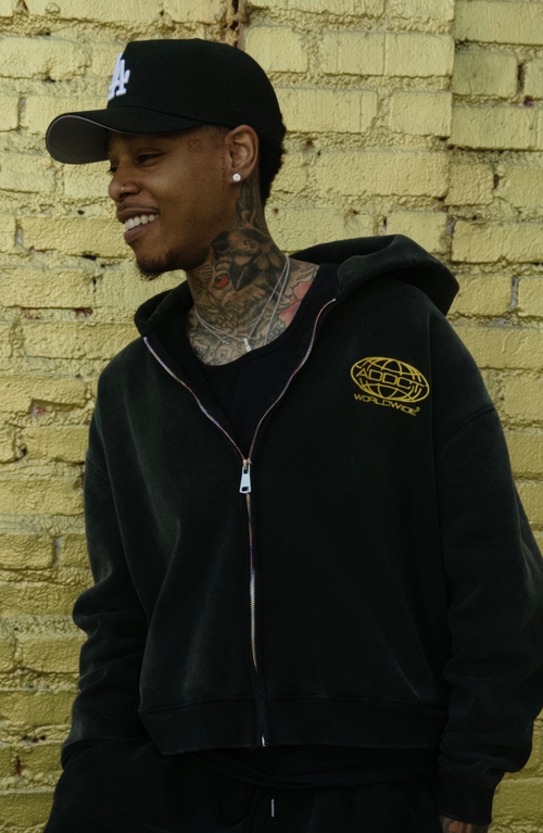 Black Washed Worldwide Zip Up Hoodie