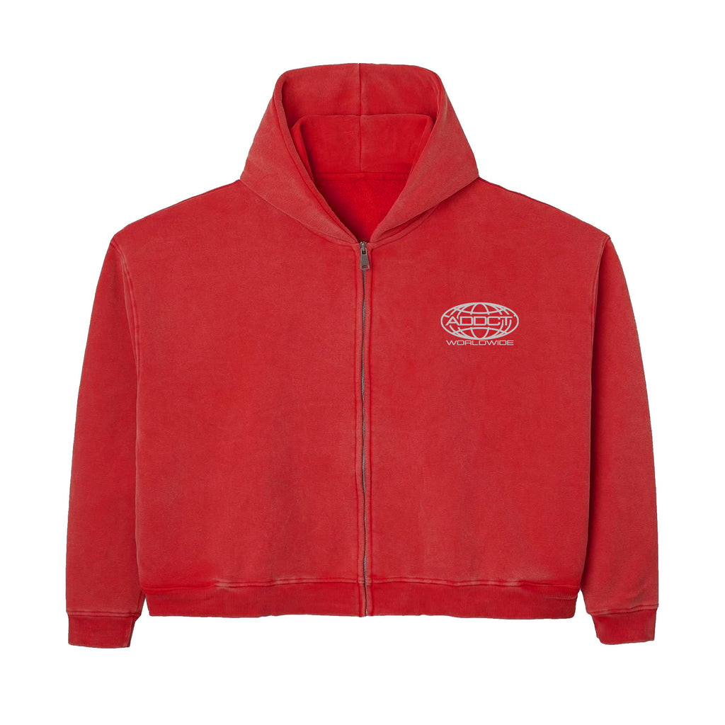 Red Washed Worldwide Zip Up Hoodie