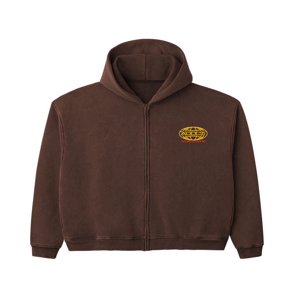 Brown Washed Worldwide Zip Up Hoodie