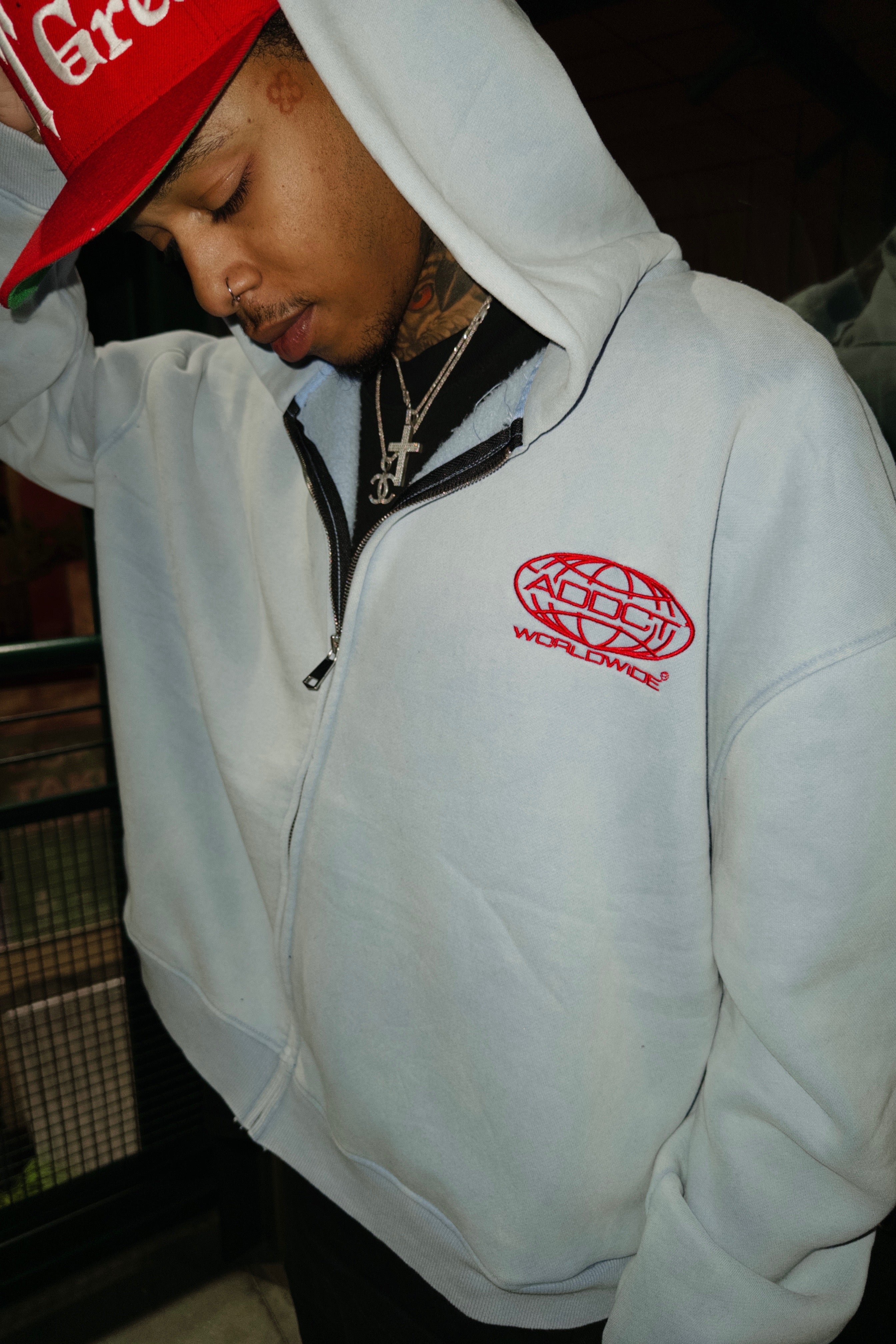 Light Blue Washed Worldwide Zip Up Hoodie