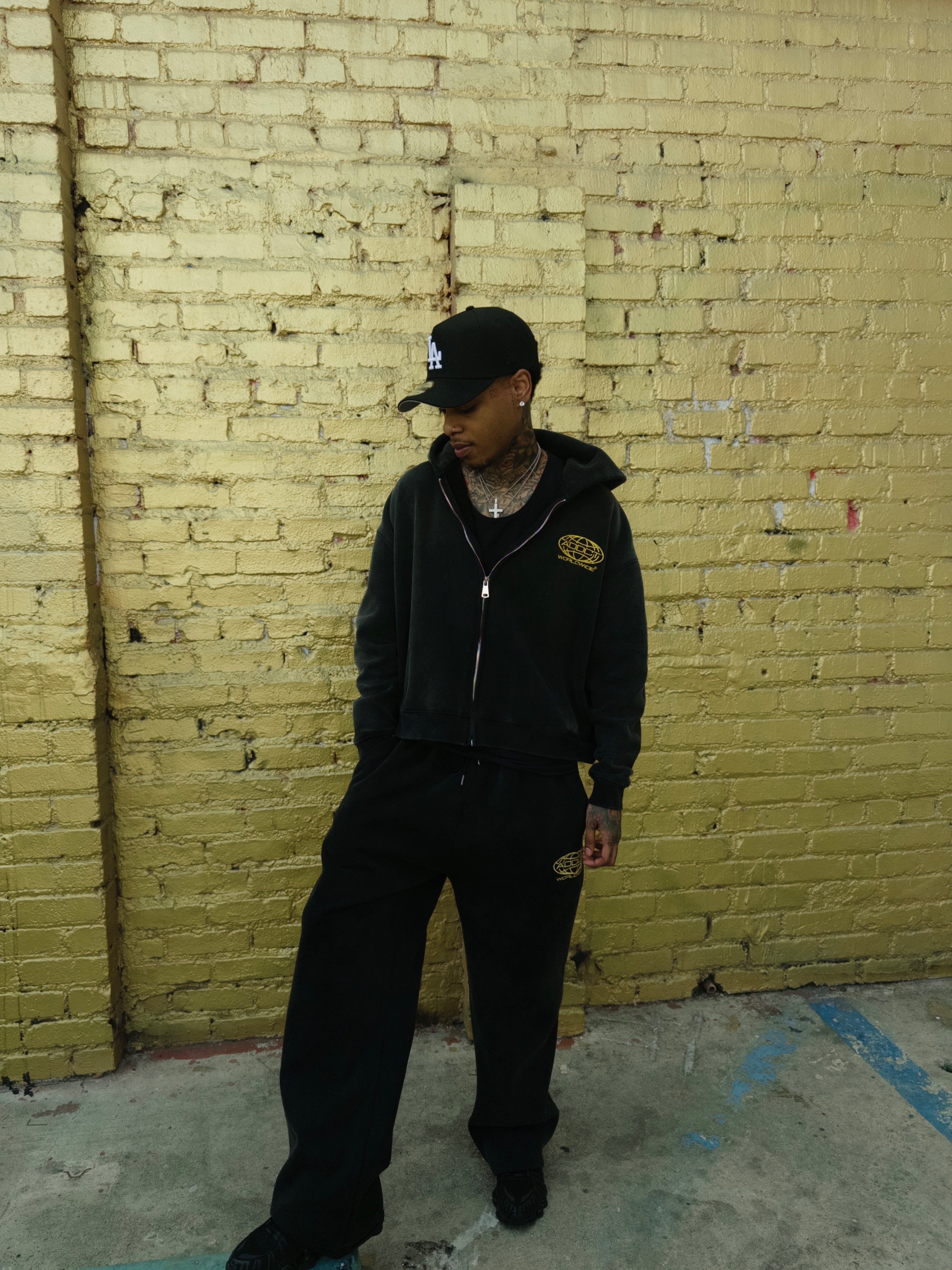 Black Washed Worldwide Zip Up Hoodie