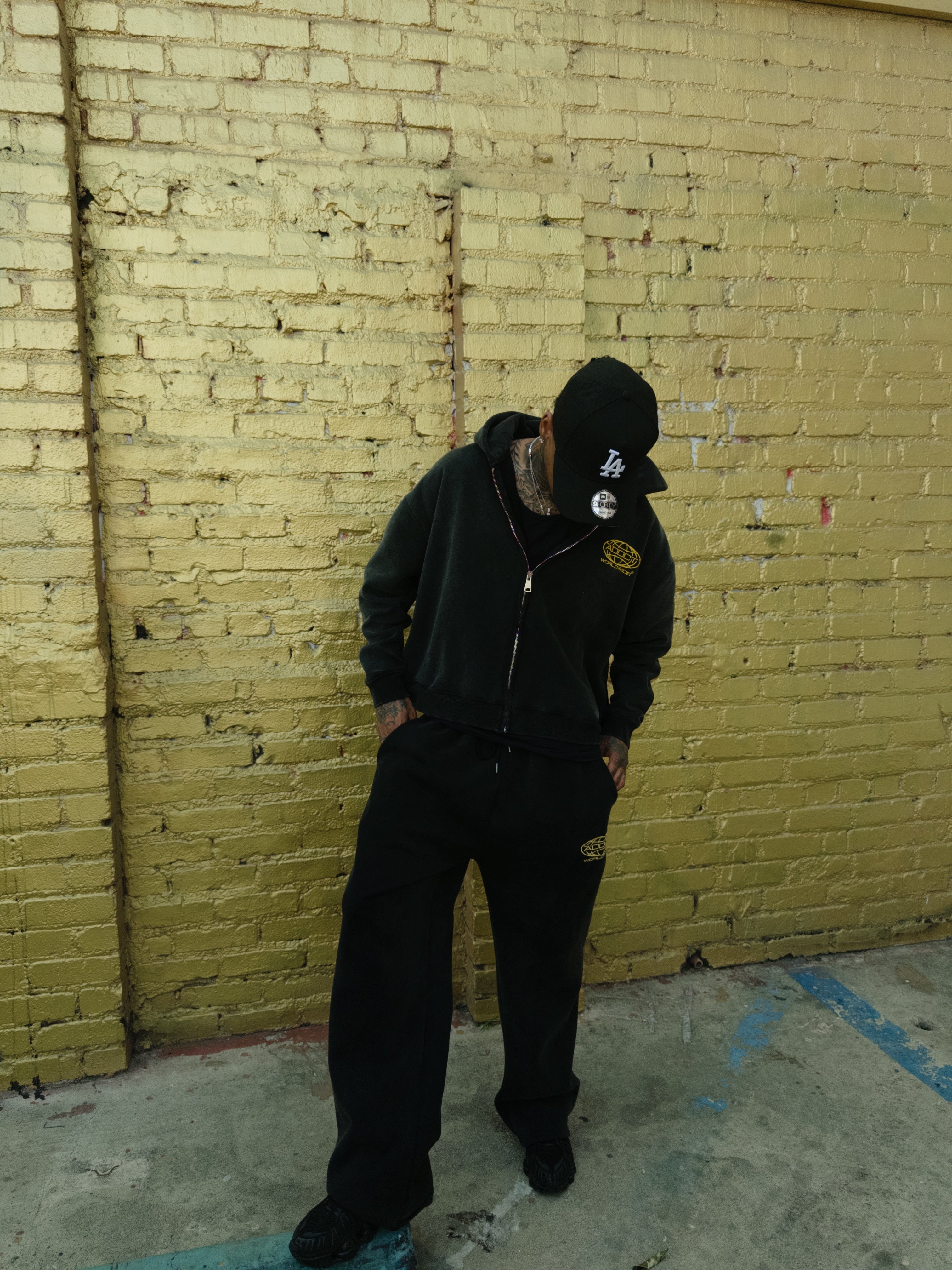 Black Washed Worldwide Zip Up Hoodie