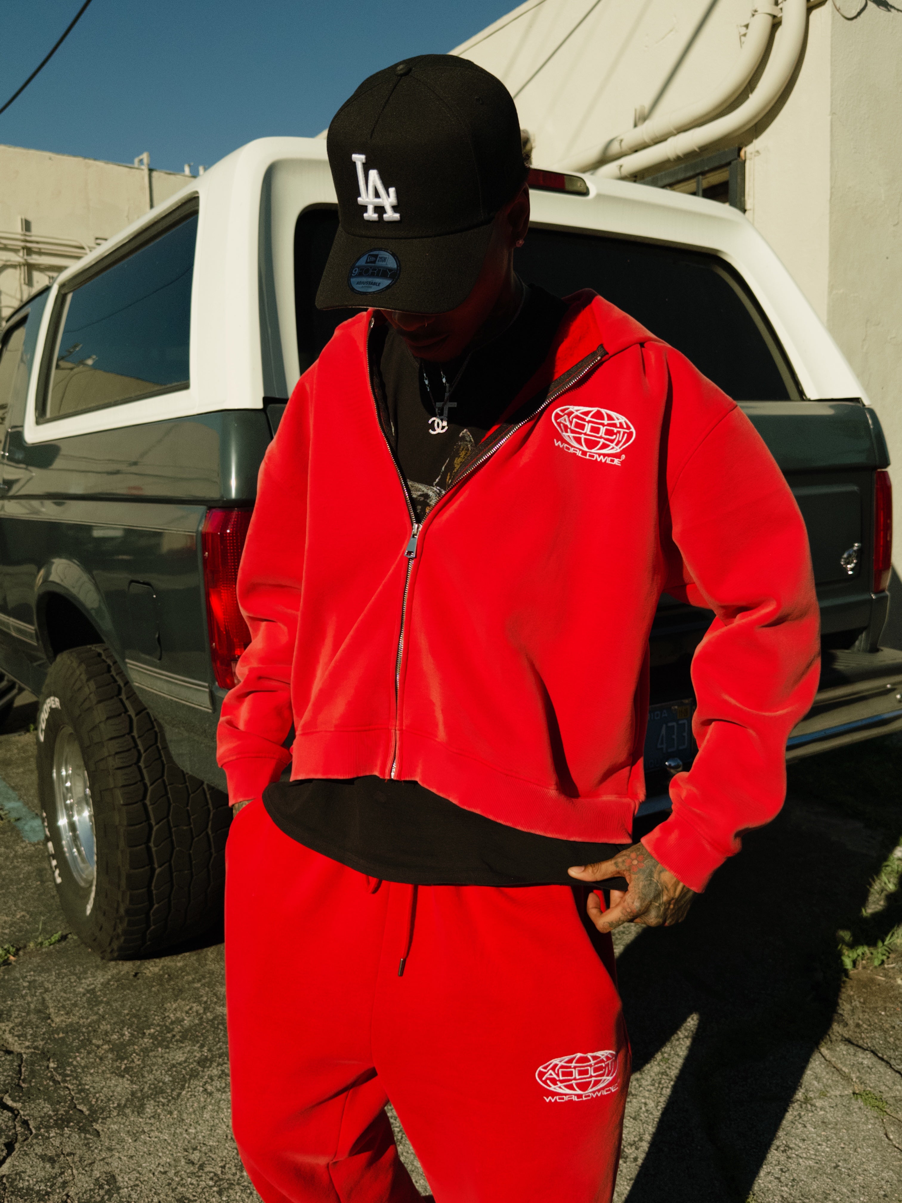 Red Washed Worldwide Zip Up Hoodie
