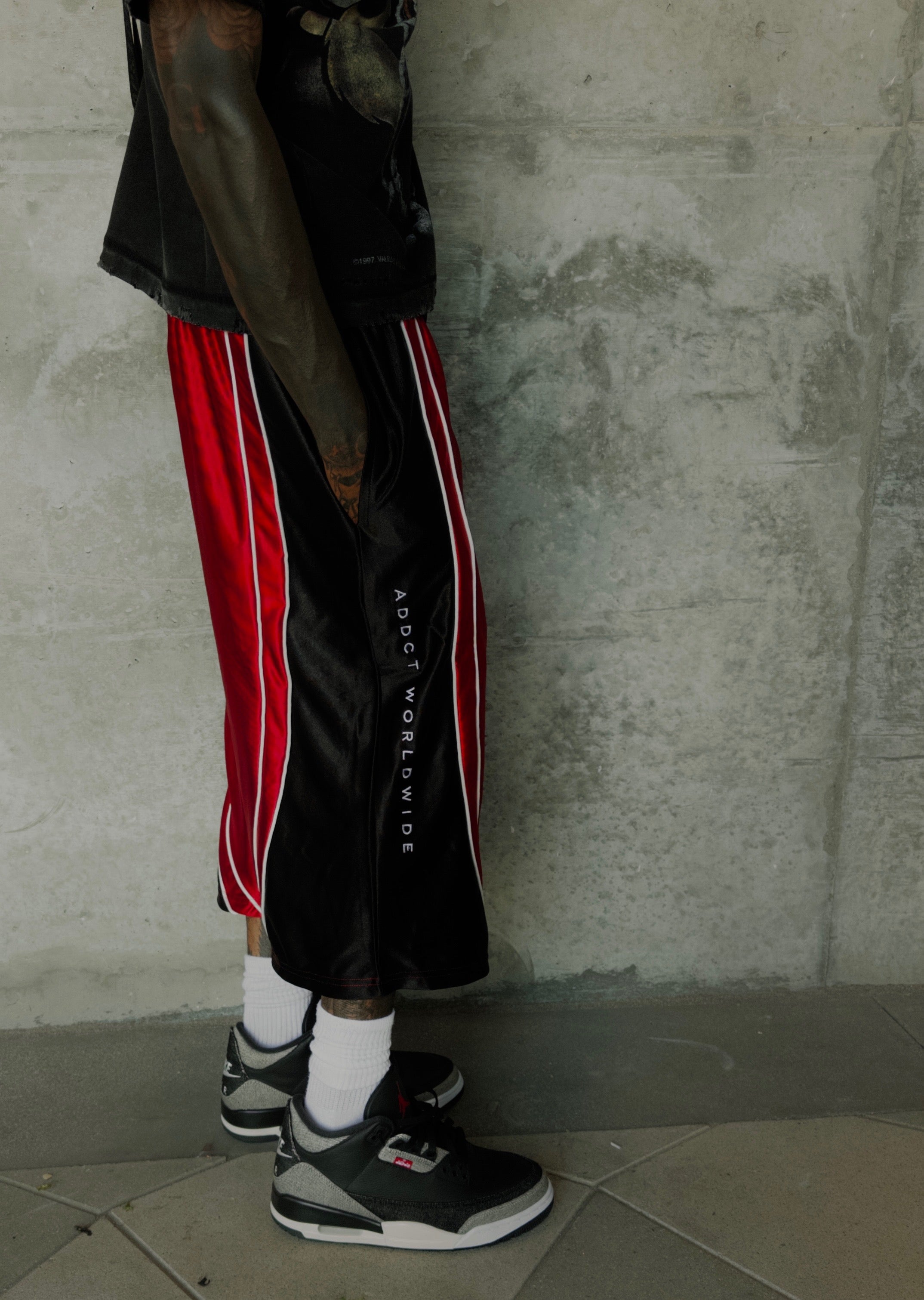 Black Red Worldwide Polyester Jorts