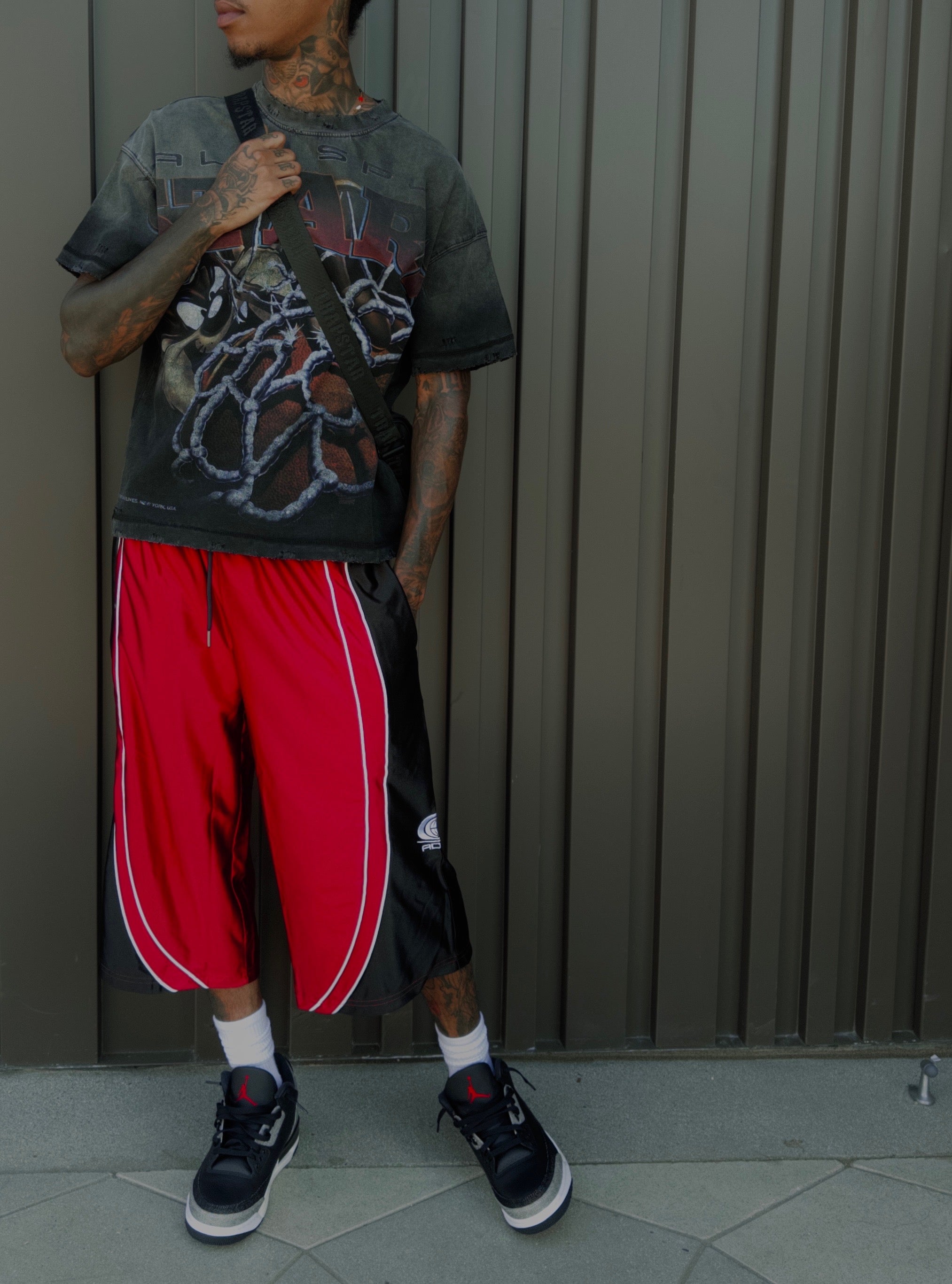 Black Red Worldwide Polyester Jorts