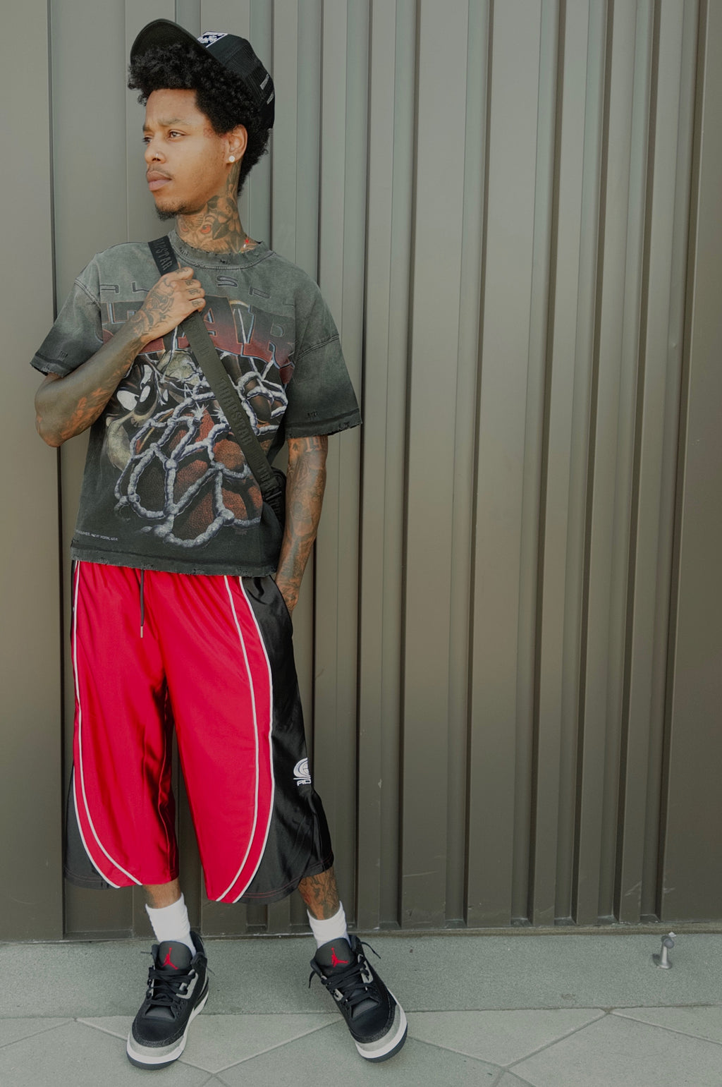 Black Red Worldwide Polyester Jorts