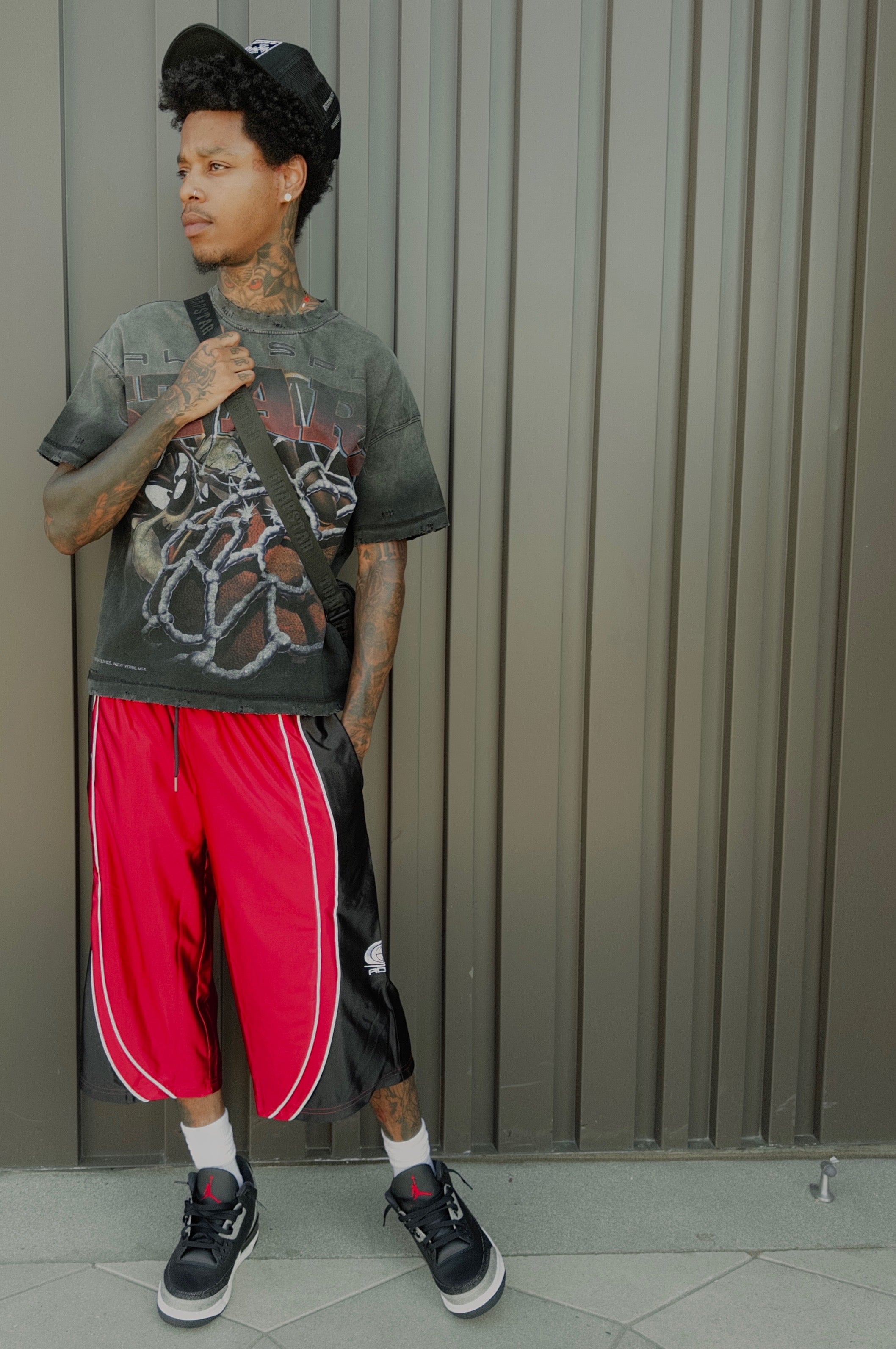 Black Red Worldwide Polyester Jorts