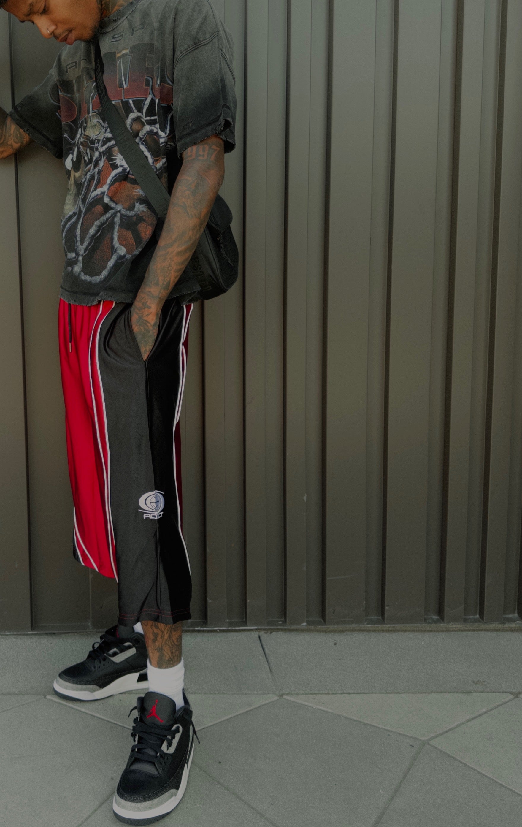 Black Red Worldwide Polyester Jorts
